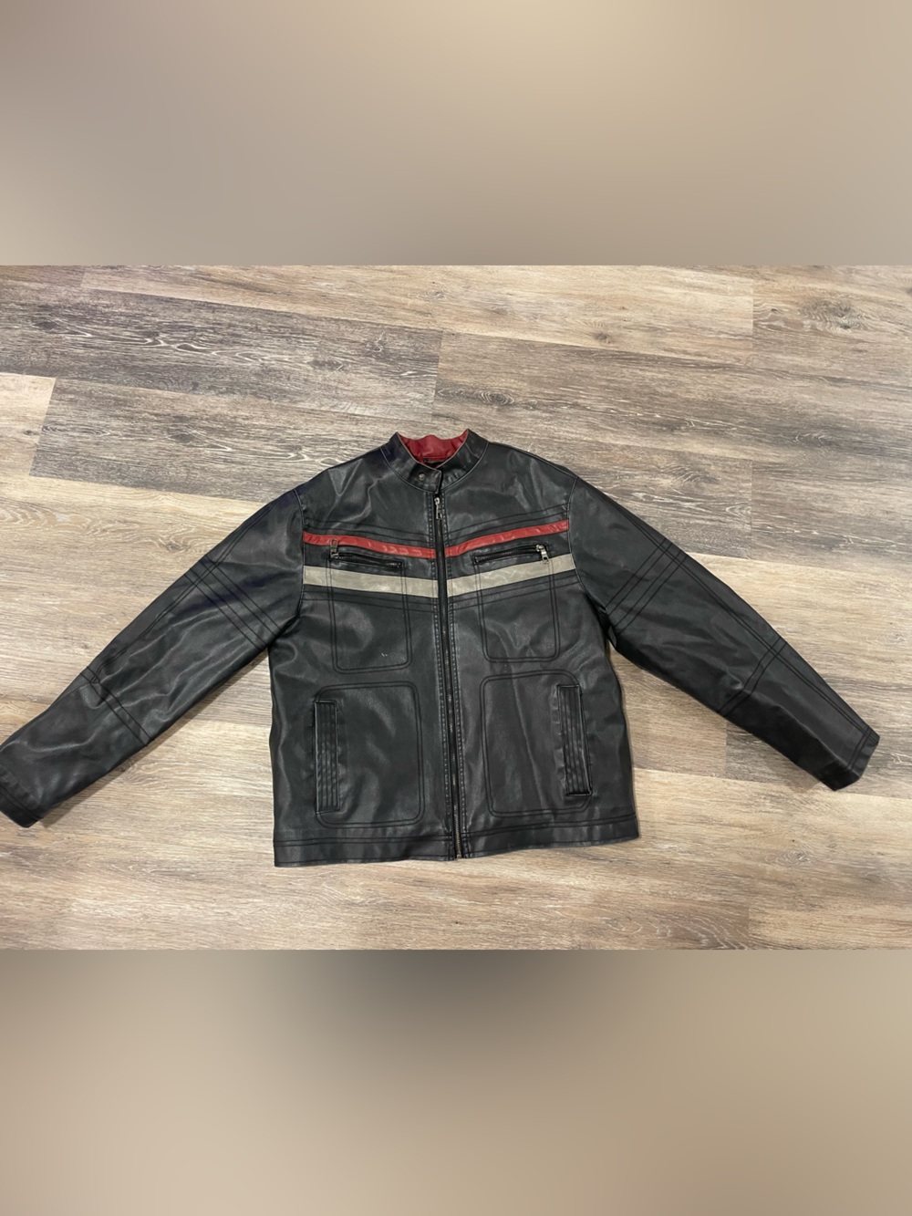 Arizona Jean Company Black Bomber Jacket with Red & Gray Stripes